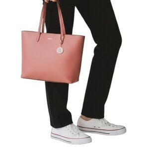 DKNY Coral Pink 100% Cowhide Leather Large Tote Bag EUC